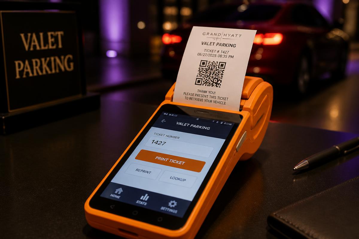 جهاز POS محمول يطبع وصلاً بكود QR عند مكتب الفالي